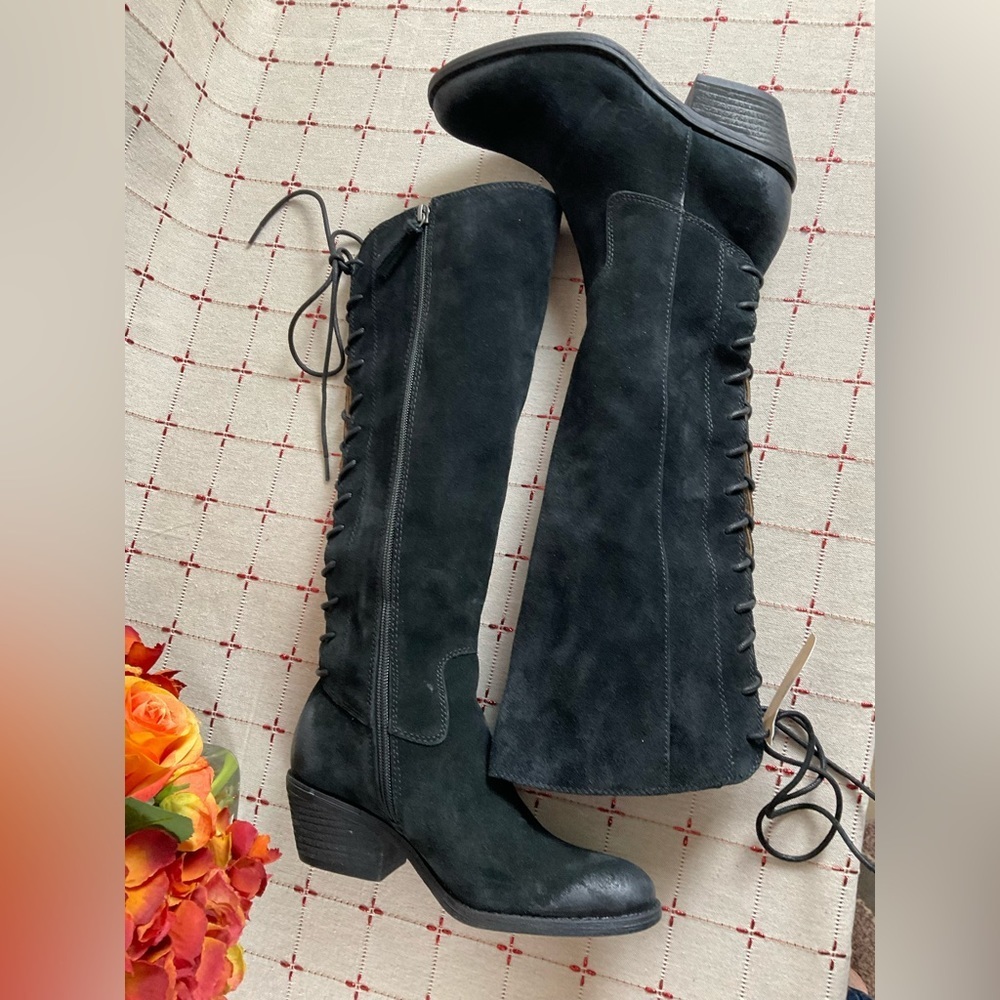 Aqua Sofft “Sharnell” Black Suede Knee High Boots Lace Up Back Water Resistant 6 - Picture 6 of 9